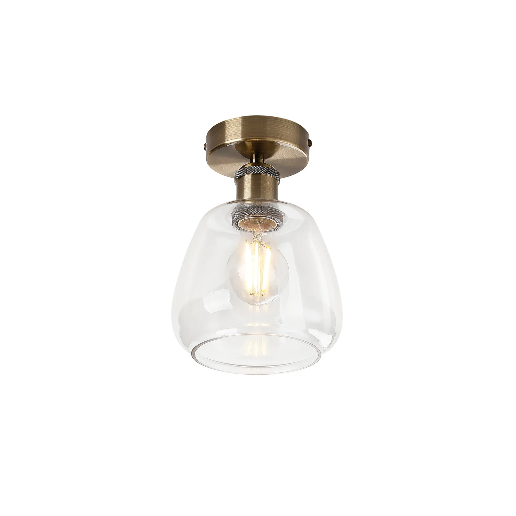 DK1158  Cawdor Flush Fitting, 1 Light E27, Antique Brass/Clear Jar Glass